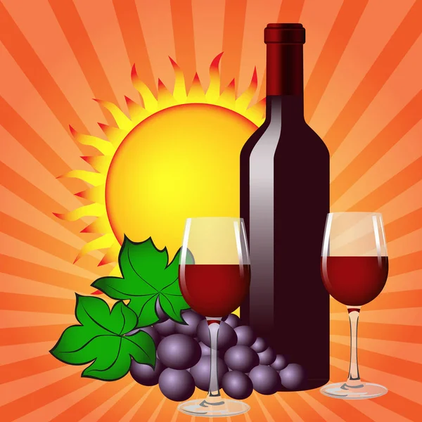 Still life with wine bottle, two glasses, grapes and sun. Vector. — Stock Vector