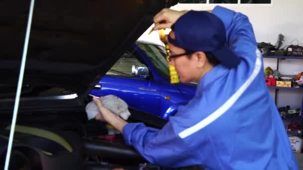 Mecánico Uniforme Azul Acostado Trabajando Bajo Coche Garaje Servicio Automático — Vídeo de stock