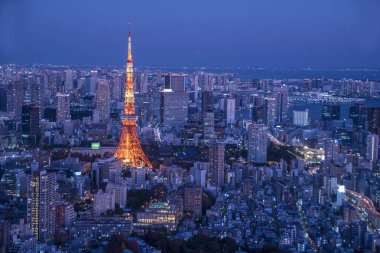 Tokyo, Japonya - 9 Aralık 2019 Tokyo hava manzaralı Tokyo Kulesi, Japonya Tokyo kulesi ve alacakaranlık arkaplan manzaralı şehir merkezi.