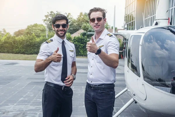 Handsome Male Captain Showing Thumb Assistant Pilot Working Together Helicopter — Stock Photo, Image