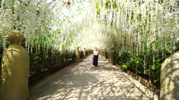 花のアーチの下を歩く美しいアジアの女性 — ストック動画