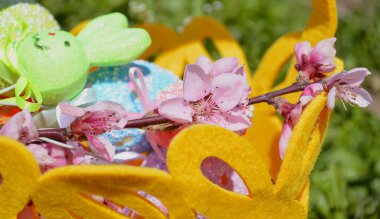 Paskalya dekoratif yumurtaları çimenlerde çiçekler ve sepetle. Paskalya dekorasyonu.