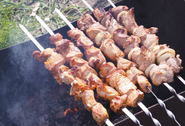 Traditional skewers on skewers and barbecue. Springtime outdoor recreation. Grilled meat.