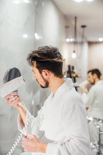 Man Shower Bathrobe Dries His Hair Hairdryer — Stock Photo, Image