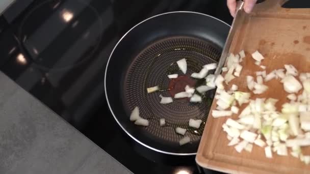 Mädchen Kocht Essen Pommes Zwiebeln Einer Pfanne Mit Olivenöl — Stockvideo
