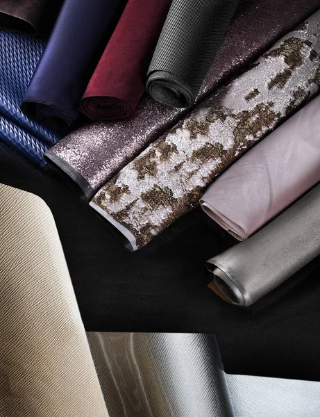 Texture of a palette of leather and eco-leather and artificial material. Leather Material Factory