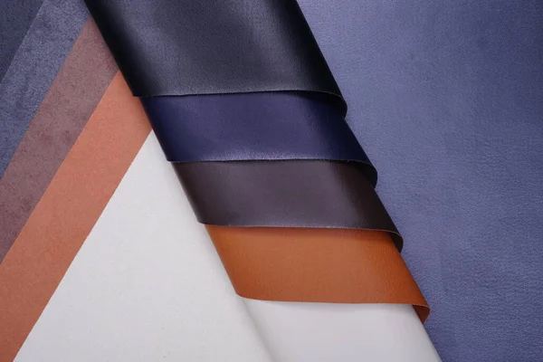 Texture of a palette of leather and eco-leather and artificial material. Leather Material Factory