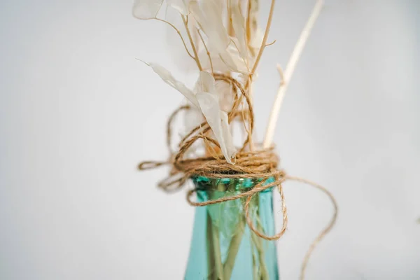 Декор Скляній Вазі Білому Тлі Ранкове Світло Сухі Квіти Вазі — стокове фото