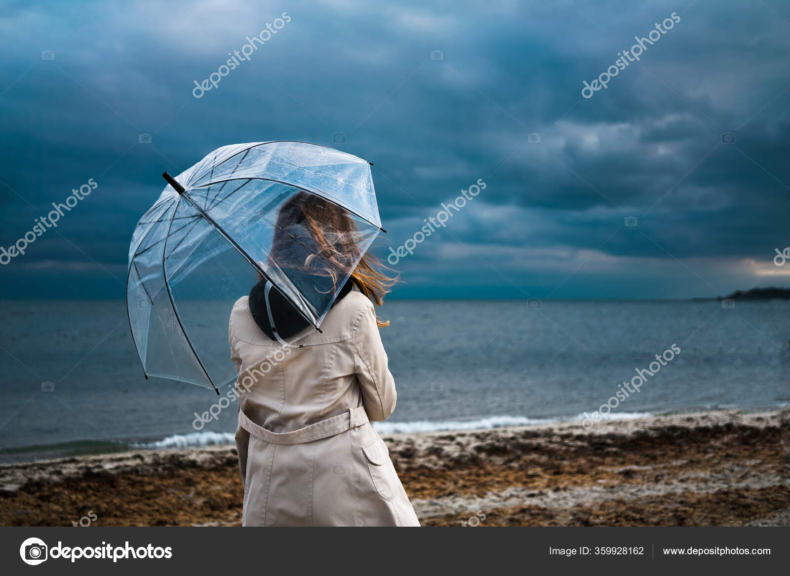 Girl Walks Beach Sea Cloudy Weather Transparent Umbrella