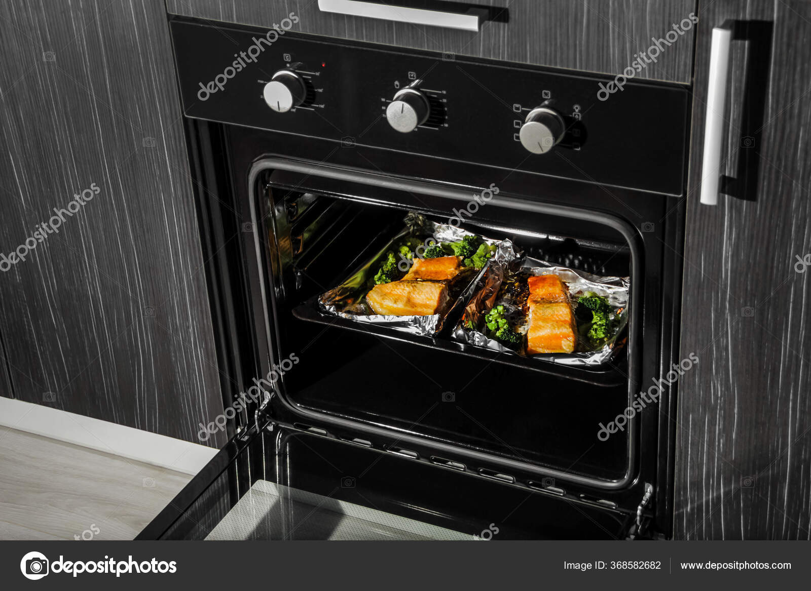 Open Black Built Convection Oven Kitchen Oven Baked Salmon — Stock