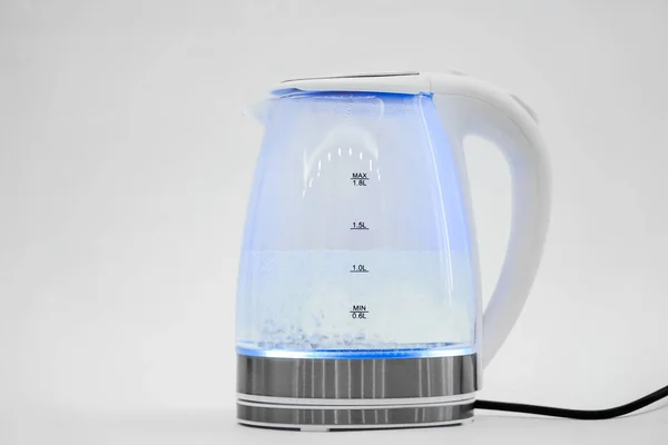 Water Boils Transparent Electric Kettle White Background Macro Small Household — Stock Photo, Image