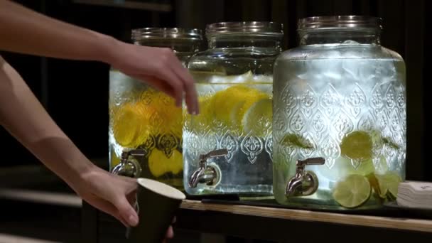 女の子はコップに水を注ぐ レモネードだ レモンとミントとオレンジの水 デトックス — ストック動画