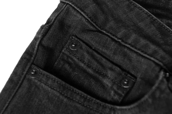 Botão Bolso Frontal Jeans Pretos Close Fundo Branco Vestuário Casual — Fotografia de Stock