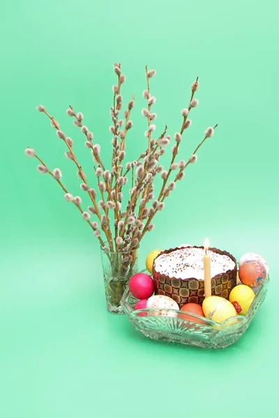 Easter Composition Eggs Willow Candle Rabbit — Stock Photo, Image