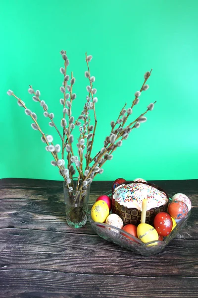 Easter Composition Eggs Willow Candle Rabbit — Stock Photo, Image