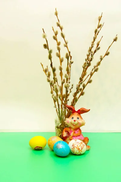 Easter Composition Eggs Willow Candle Rabbit — Stock Photo, Image