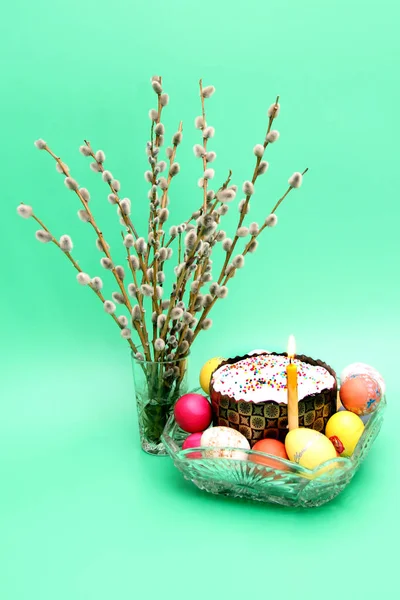 Velikonoční Složení Vejci Vrbami Svíčkami Králíky — Stock fotografie