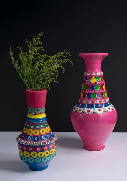 Розовые вазы ручной работы из керамики и зеленые ветви с суровой тенью — стоковое фото