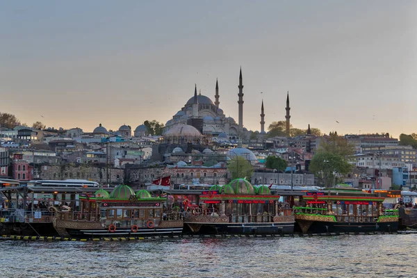 Geleneksel lokanta sallanan tekne hizmet balık sandviç, Rüstem Paşa Camii ve Süleymaniye Camii ile Eminönü bölgesinde arka plan, Istanbul, Türkiye
