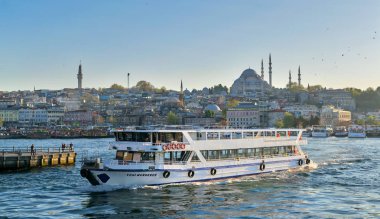 Şehir Manzaralı yoldan geçen bir bakan deniz, İstanbul 'un Eminönü ilçe ve Sulaymaniye Camii ile arka planda feribot