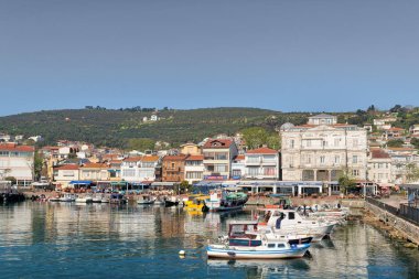 Yaz evleri ve küçük bir cami, Marmara Denizi, Istanbul, Türkiye yakın denize sıfır adadan Burgazada görünümünü