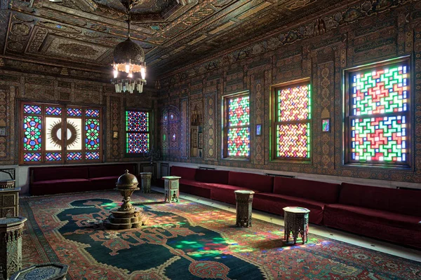 Manial Palace, Prince Mohammed Ali. Suriye Hall ile süslü ahşap duvar ve tavan, pencere eşiği ile renkli vitray ve Osmanlı İmparatorluğu logosu, Cairo, Mısır