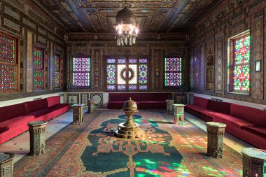 Manial Palace, Prince Mohammed Ali. Suriye Hall ile süslü ahşap duvar ve tavan, pencere eşiği ile renkli vitray ve Osmanlı İmparatorluğu logosu, Cairo, Mısır