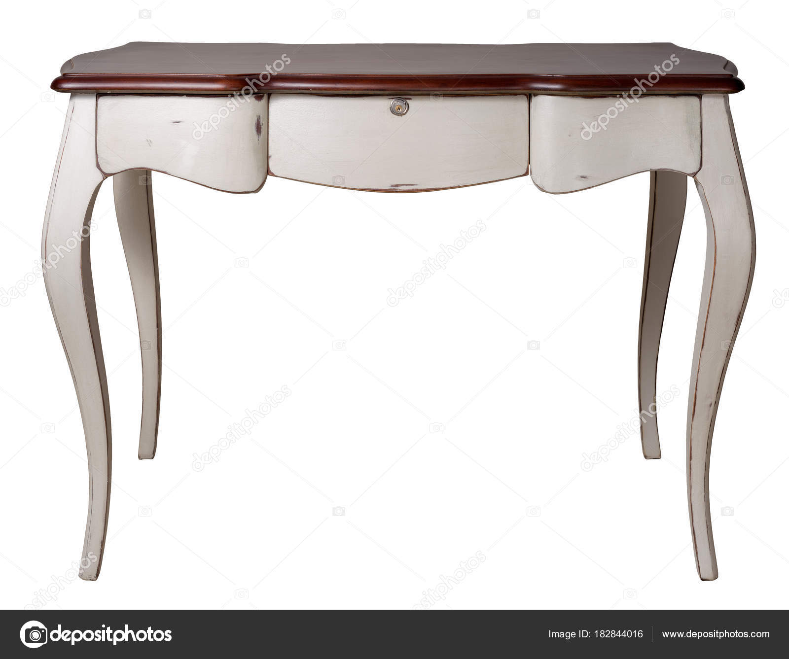 Retro Wooden Desk Table With White Legs And Three Drawers Isolated Retro Wooden Desk Table With White Legs And Three Drawers Isolated On Background Including Clipping