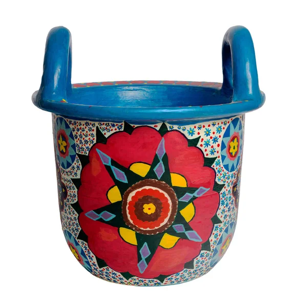 Panier de poterie décoré coloré fait main artistique douloureux avec deux poignées sur fond blanc avec chemin de coupe — Photo