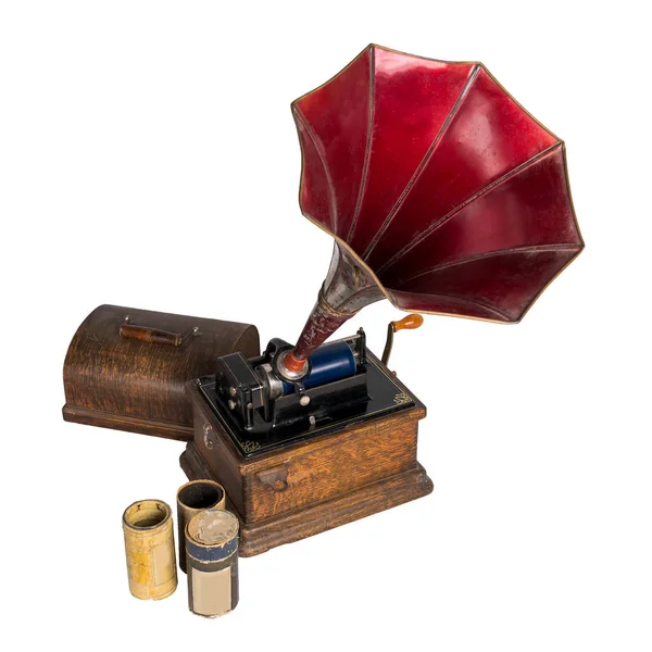 Recorte Antiguo fonógrafo con tres discos de cilindros con recorrido de recorte —  Fotos de Stock