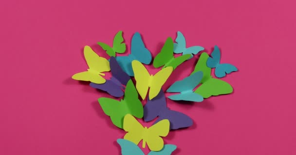 Stop Machines Animatie Papier Gekleurde Vlinders Vliegen Rond Een Gekleurde — Stockvideo