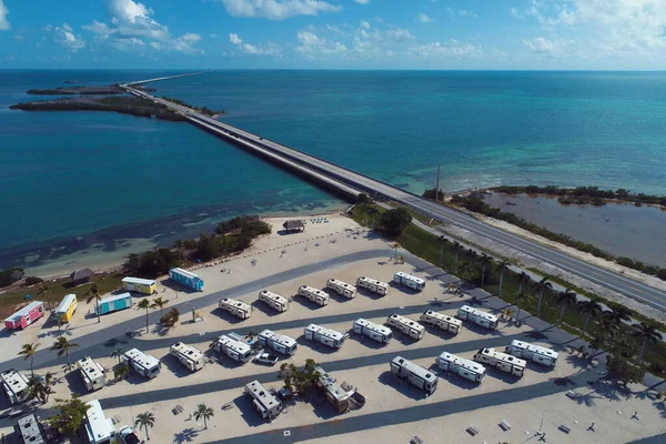 Aerial view of trailer park in the way to Key West, Florida Keys, United States. Great landscape. Vacation travel. Travel destination. Tropical scenery. Caribbean sea. American culture.