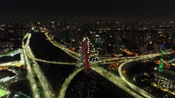 Veduta Aerea Del Famoso Ponte Estaiada Decorato Celebrazioni Natale Capodanno — Video Stock