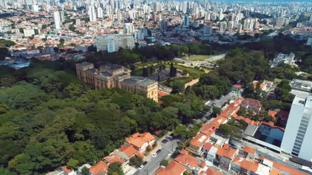 Vista Aérea Del Parque Museo Público Independencia Brasil Ipiranga Sao — Vídeo de stock