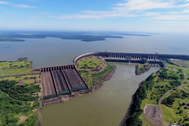 Aerial view of dam. Great landscape. Energy generation. Hydroelectric scene. 