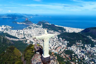 Aerial view of Redeemer Christ in the Rio de Janeiro, Brazil. Great landscape. Famous wonderful city. Travel destination. Tropical travel. Vacation destination.