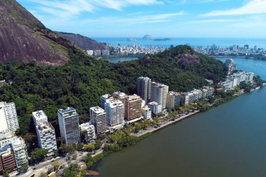 Aerial view of Rodrigo de Freitas's Lagoon, Rio de Janeiro city in the sunny day, Brazil. Great landscape. Famous wonderful city. Travel destination. Tropical travel. Vacation destination.