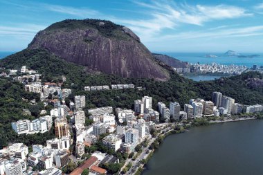Aerial view of Rodrigo de Freitas's Lagoon, Rio de Janeiro city in the sunny day, Brazil. Great landscape. Famous wonderful city. Travel destination. Tropical travel. Vacation destination.