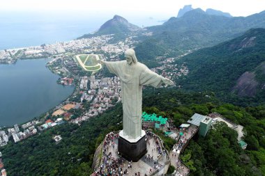 Aerial view of Redeemer Christ in the Rio de Janeiro, Brazil. Great landscape. Famous wonderful city. Travel destination. Tropical travel. Vacation destination.