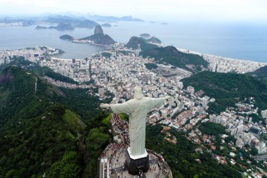 Aerial view of Redeemer Christ in the Rio de Janeiro, Brazil. Great landscape. Famous wonderful city. Travel destination. Tropical travel. Vacation destination.