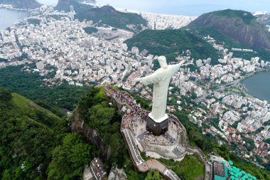 Aerial view of Redeemer Christ in the Rio de Janeiro, Brazil. Great landscape. Famous wonderful city. Travel destination. Tropical travel. Vacation destination.