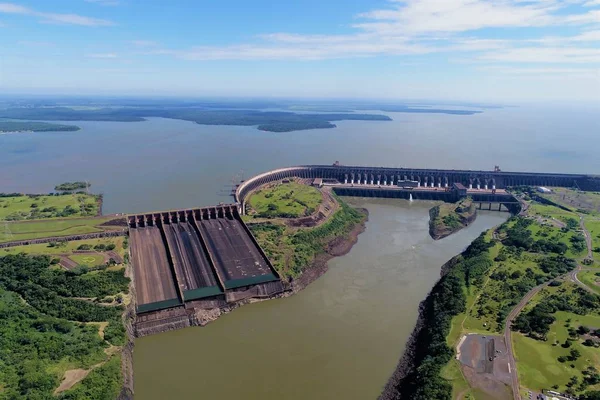 Aerial view of dam. Great landscape. Energy generation. Hydroelectric scene. 