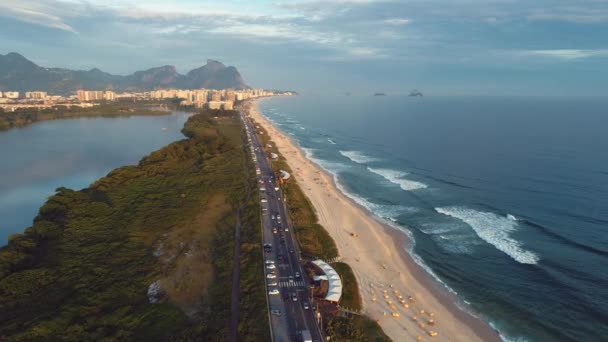 Aerial View Barra Tijuca Beach Rio Janeiro City Sunny Day — Stok video