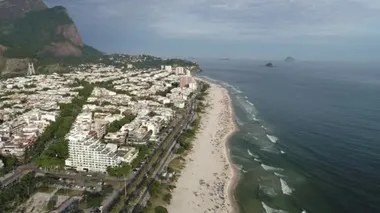Aerial view of Barra da Tijuca's Beach,  Rio de Janeiro city in the sunny day, Brazil. Great landscape. Vacation travel. Travel destination. Tropical travel. 