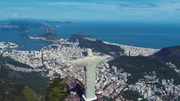 Luchtfoto Van Verlosser Christus Rio Janeiro Brazilië Geweldig Landschap Beroemde — Stockvideo