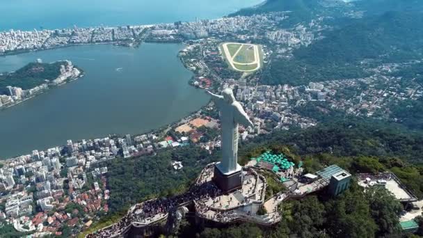 Luchtfoto Van Verlosser Christus Rio Janeiro Brazilië Geweldig Landschap Beroemde — Stockvideo