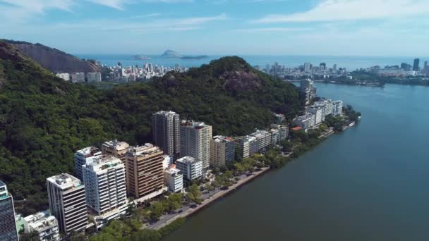 Légi Kilátás Rodrigo Freitas Lagúna Rio Janeiro Város Napsütéses Napon — Stock videók