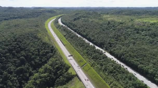 Panoramautsikt Över Vägen Den Atlantiska Skogen Fantastiskt Landskap Transporternas Landskap — Stockvideo