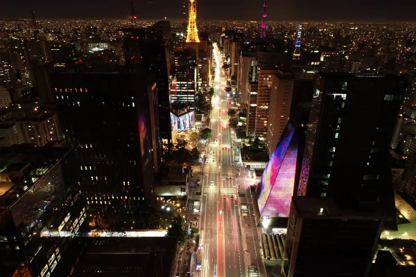 Panoramautsikt Över Upplyst Aveny Sao Paulo Brasilien Paulista Avenue Fantastiskt — Stockfoto