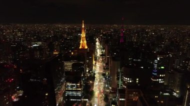 Sao Paulo, Brezilya 'da aydınlatılmış bir caddenin panoramik manzarası. Paulista Caddesi. Harika bir manzara. Renkli manzara.